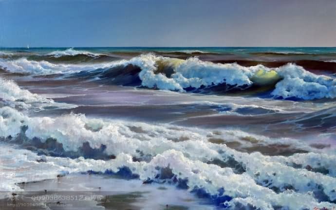 油画，清澈海浪